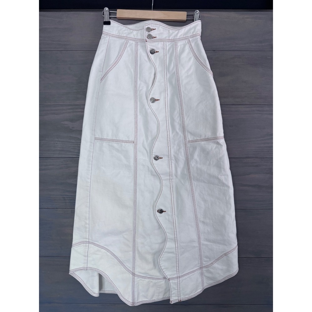 Farm Rio Denim Wave Maxi Skirt Off-White Contrast Stitch Button Front Size 24 - Picture 4 of 6